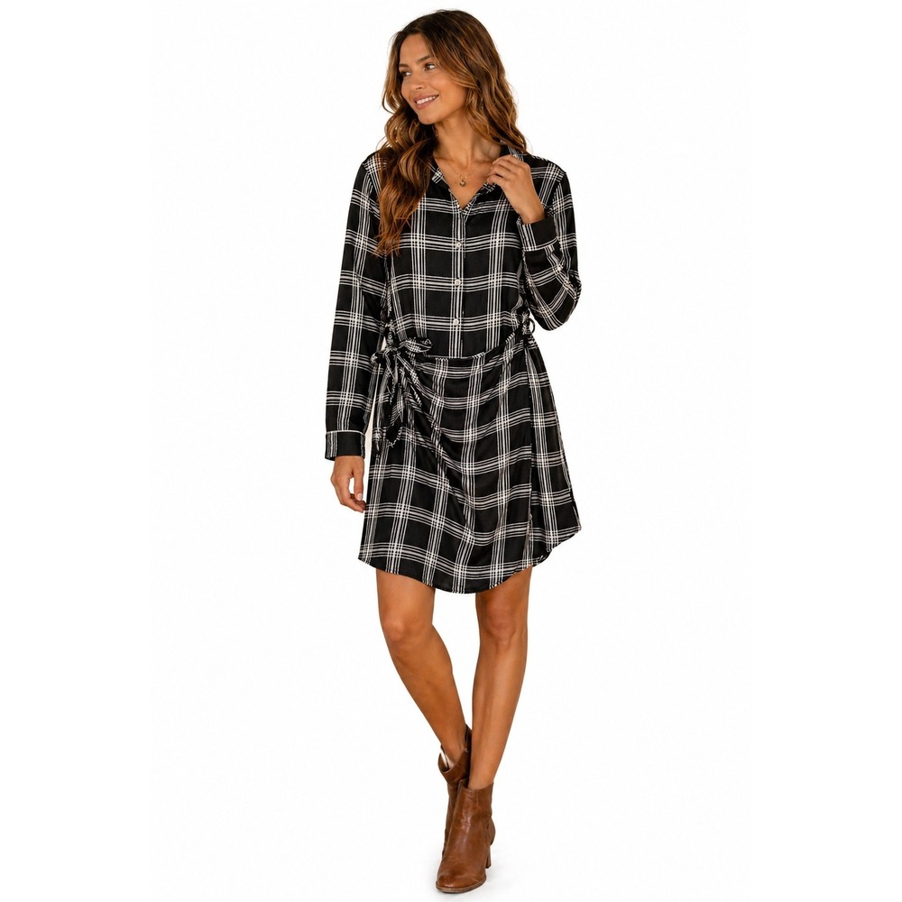 UNTUCKit Faux Wrap Shirt‎ Dress Womens 8 Black White Plaid Twill Excellent